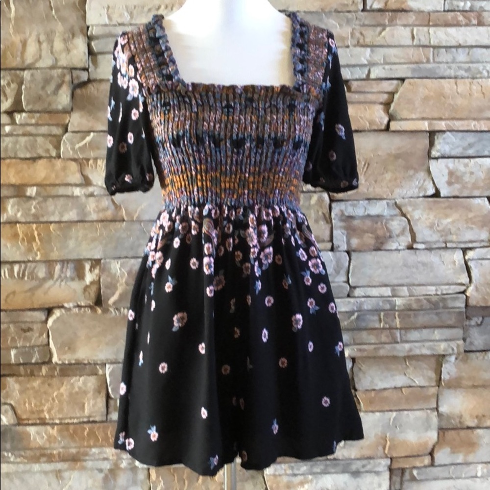 Free People Black Floral Smocked Babydoll Dress
